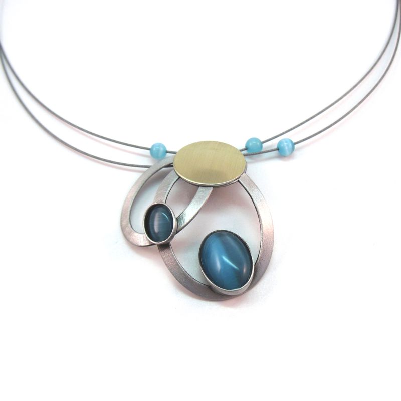 Multiwire Necklace with Bright Blue Catsite - Dbl. Oval - Click Image to Close